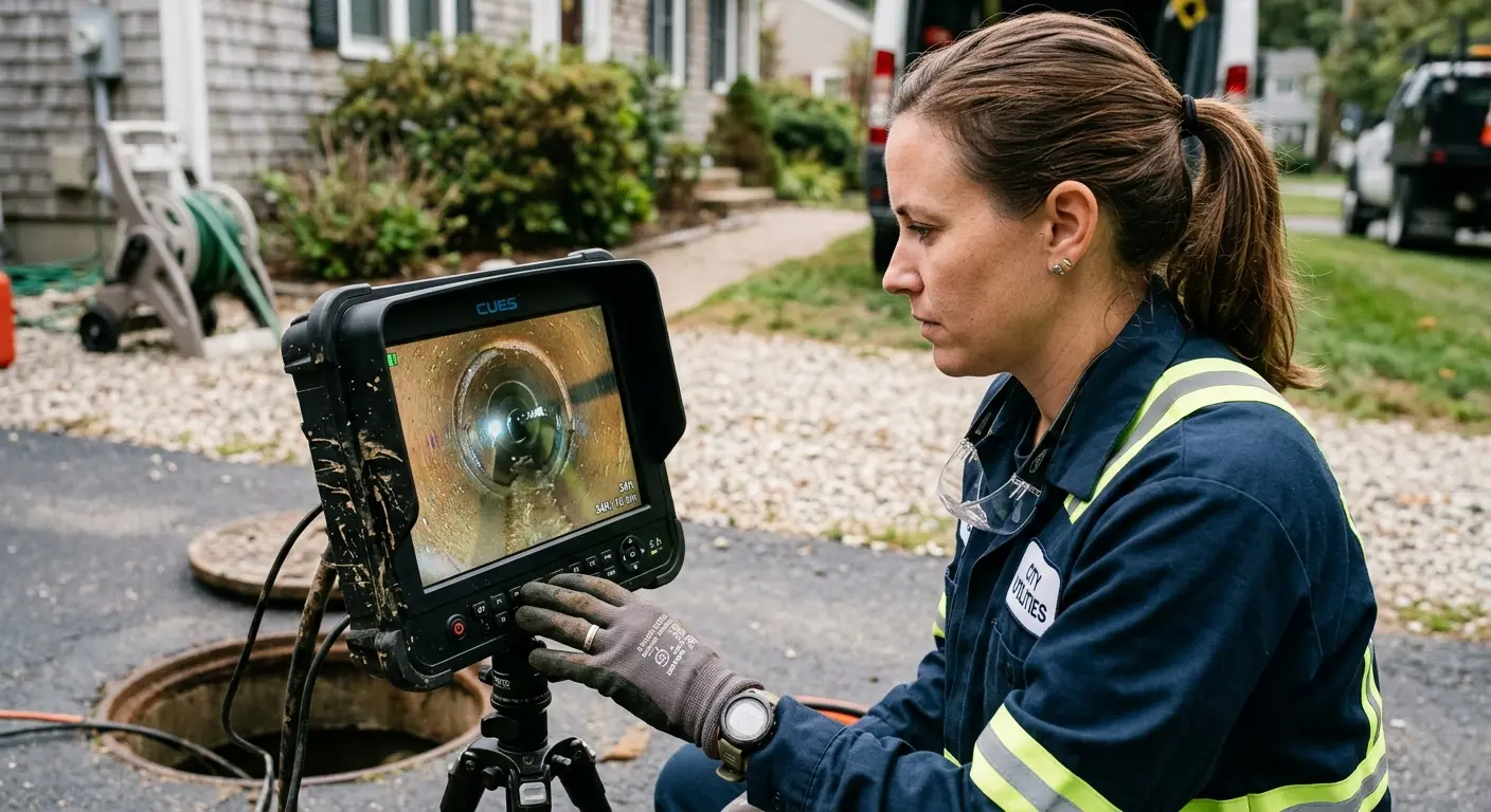 Technician reviewing sewer camera inspection footage in Taylor
