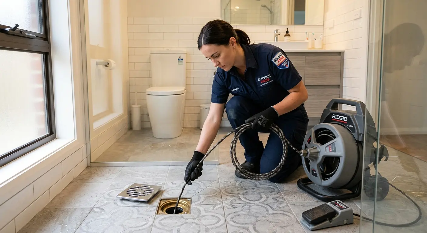 Technician clearing a bathroom floor drain for Drain Cleaning in Taylor
